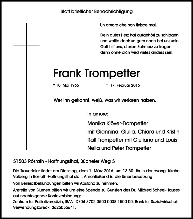  Traueranzeige für Frank Trompetter vom 23.02.2016 aus Kölner Stadt-Anzeiger / Kölnische Rundschau / Express