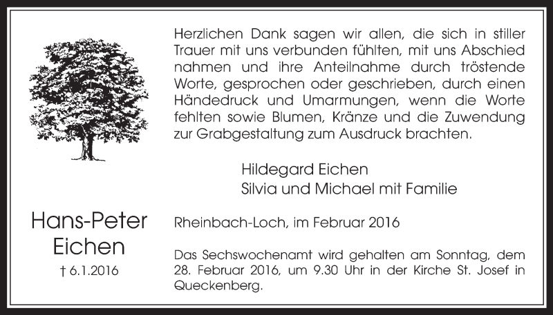  Traueranzeige für Hans-Peter Eichen vom 24.02.2016 aus  Schaufenster/Blickpunkt 