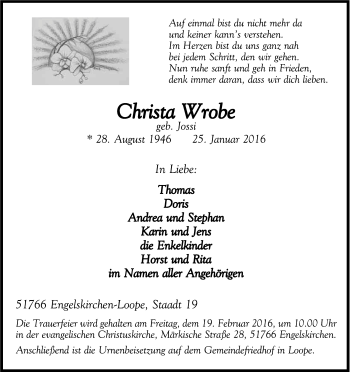 Anzeige von Christa Wrobe von Kölner Stadt-Anzeiger / Kölnische Rundschau / Express