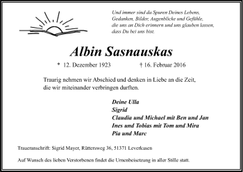 Anzeige von Albire Sasnauskas von Kölner Stadt-Anzeiger / Kölnische Rundschau / Express