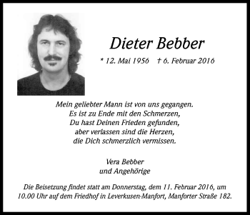 Anzeige von Dieter Bebber von Kölner Stadt-Anzeiger / Kölnische Rundschau / Express