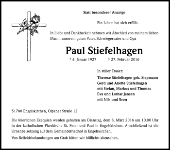 Anzeige von Paul Stiefelhagen von Kölner Stadt-Anzeiger / Kölnische Rundschau / Express