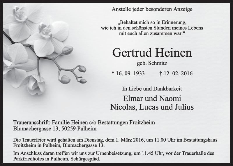  Traueranzeige für Gertrud Heinen vom 20.02.2016 aus  Sonntags-Post 