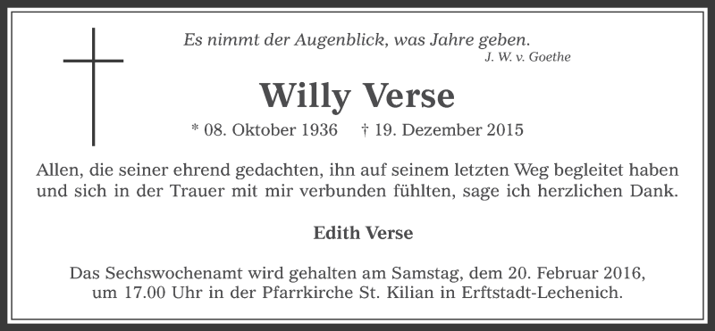  Traueranzeige für Willy Verse vom 10.02.2016 aus  Werbepost 
