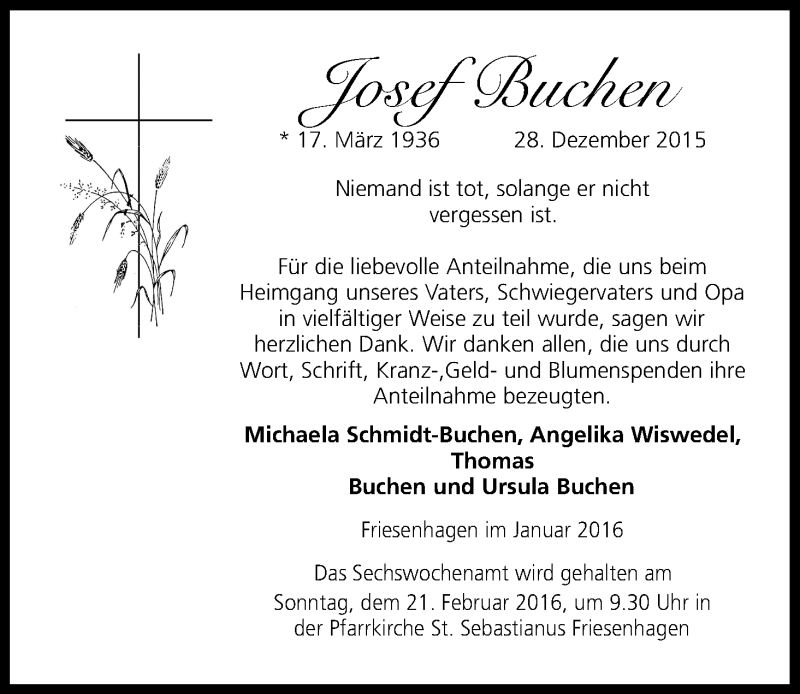  Traueranzeige für Josef Buchen vom 17.02.2016 aus Kölner Stadt-Anzeiger / Kölnische Rundschau / Express