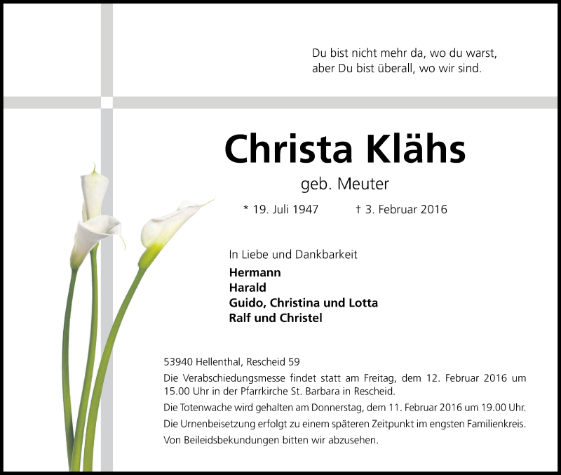 Traueranzeige für Christa Klähs vom 10.02.2016 aus Kölner Stadt-Anzeiger / Kölnische Rundschau / Express