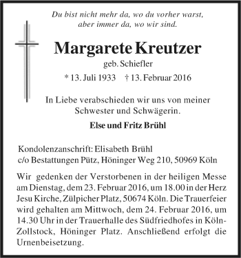 Anzeige von Margarete Kreutzer von Kölner Stadt-Anzeiger / Kölnische Rundschau / Express