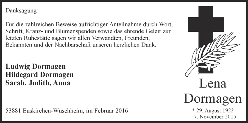  Traueranzeige für Lena Dormagen vom 07.02.2016 aus  Blickpunkt Euskirchen 
