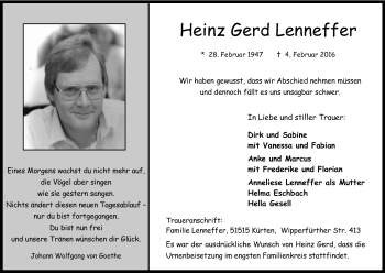 Anzeige von Heinz Gerd Lenneffer von Kölner Stadt-Anzeiger / Kölnische Rundschau / Express
