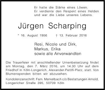 Anzeige von Jürgen Scharping von Kölner Stadt-Anzeiger / Kölnische Rundschau / Express
