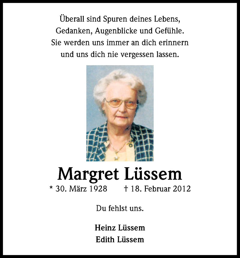  Traueranzeige für Margret Lüssem vom 18.02.2016 aus Kölner Stadt-Anzeiger / Kölnische Rundschau / Express