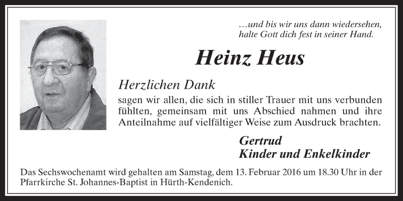  Traueranzeige für Heinz Heus vom 10.02.2016 aus  Wochenende 