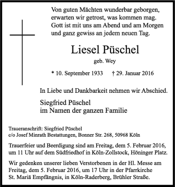 Anzeige von Liesel Püschel von Kölner Stadt-Anzeiger / Kölnische Rundschau / Express