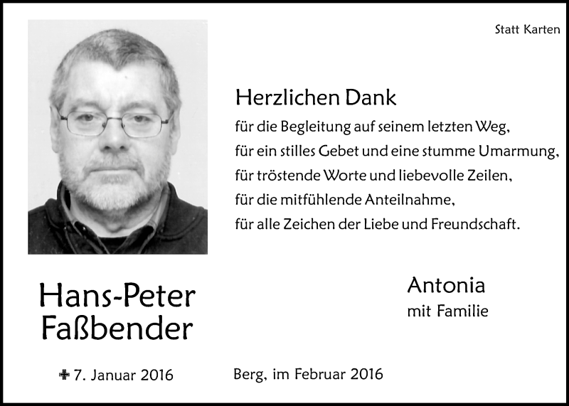  Traueranzeige für Hans-Peter Faßbender vom 14.02.2016 aus  Blickpunkt Euskirchen 