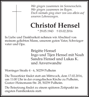 Anzeige von Christof Hensel von  Sonntags-Post 