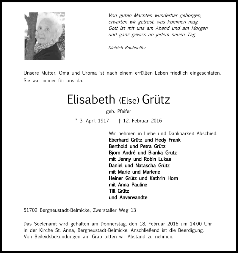  Traueranzeige für Elisabeth Else Grütz vom 16.02.2016 aus Kölner Stadt-Anzeiger / Kölnische Rundschau / Express