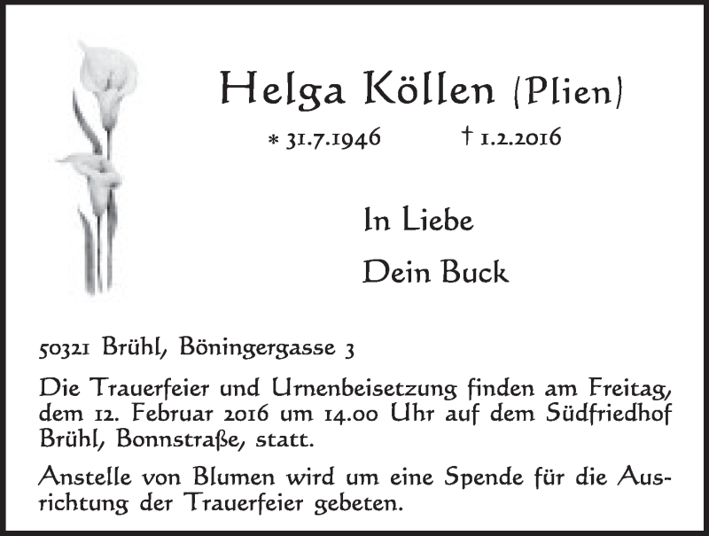  Traueranzeige für Helga Köllen vom 10.02.2016 aus  Schlossbote/Werbekurier 