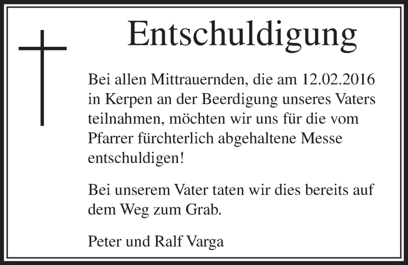  Traueranzeige für Entschuldigung Trauerfall Varga vom 20.02.2016 aus  Sonntags-Post 