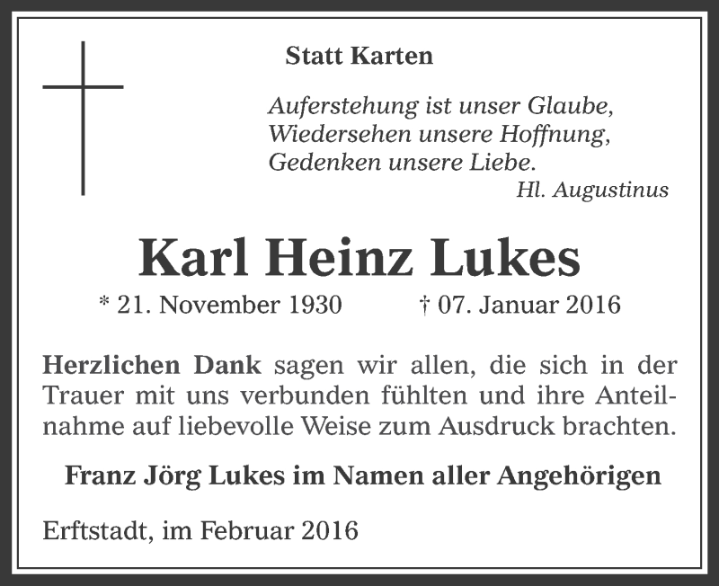  Traueranzeige für Karl Heinz Lukes vom 24.02.2016 aus  Werbepost 
