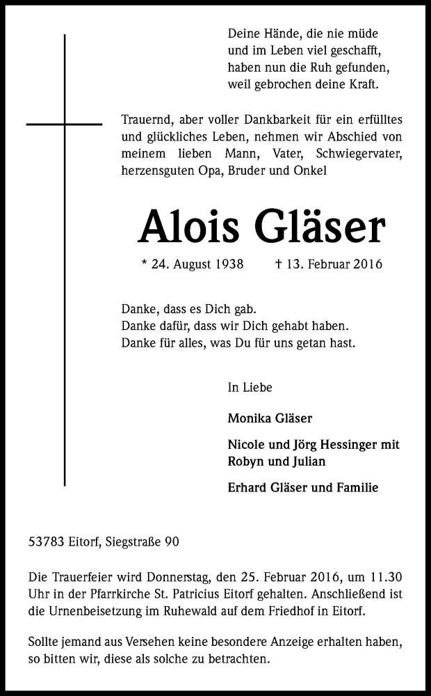  Traueranzeige für Alois Gläser vom 23.02.2016 aus Kölner Stadt-Anzeiger / Kölnische Rundschau / Express
