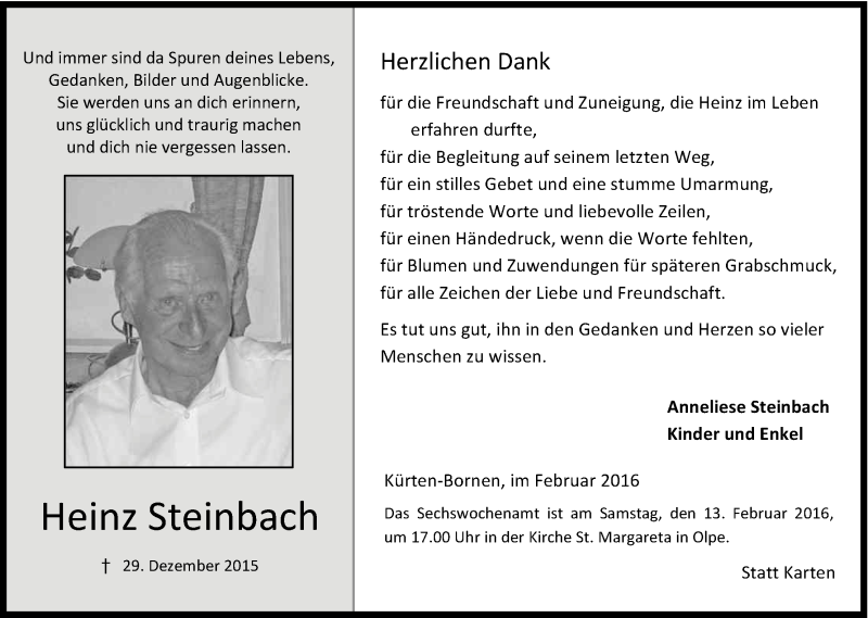  Traueranzeige für Heinz Steinbach vom 10.02.2016 aus Kölner Stadt-Anzeiger / Kölnische Rundschau / Express
