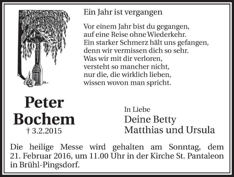 Traueranzeige für Peter Bochem vom 17.02.2016 aus  Schlossbote/Werbekurier 