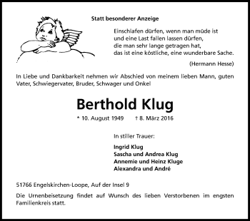 Anzeige von Berthold Klug von Kölner Stadt-Anzeiger / Kölnische Rundschau / Express