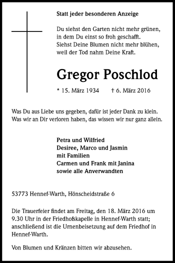 Anzeige von Gregor Poschlod von Kölner Stadt-Anzeiger / Kölnische Rundschau / Express