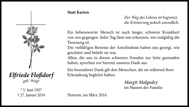  Traueranzeige für Elfriede Floßdorf vom 12.03.2016 aus Kölner Stadt-Anzeiger / Kölnische Rundschau / Express
