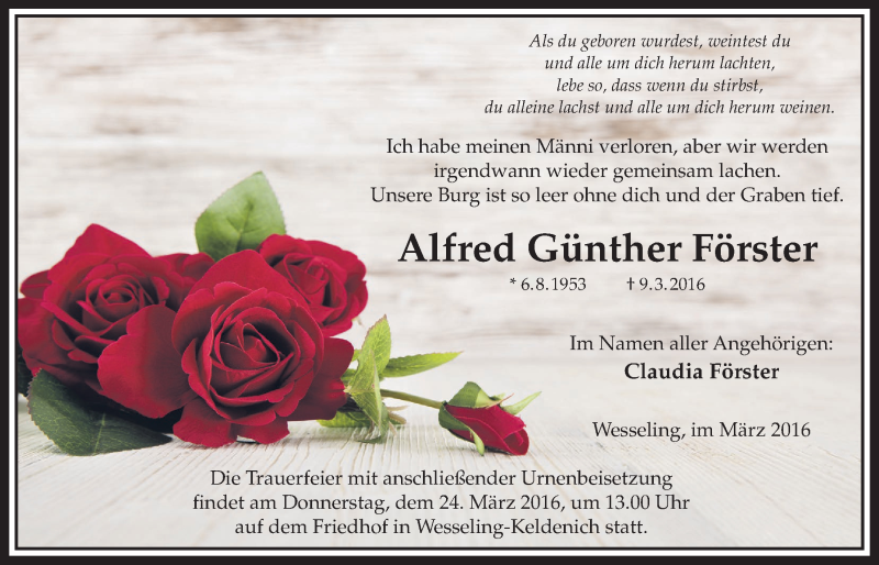  Traueranzeige für Alfred Günther Förster vom 20.03.2016 aus  Blickpunkt Euskirchen 
