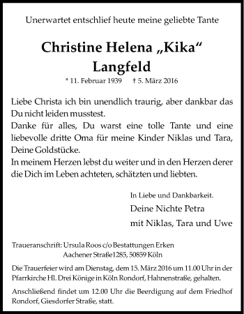 Anzeige von Christine Helena Langfeld von Kölner Stadt-Anzeiger / Kölnische Rundschau / Express