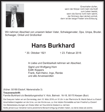 Anzeige von Hans Burkhard von  Werbepost 