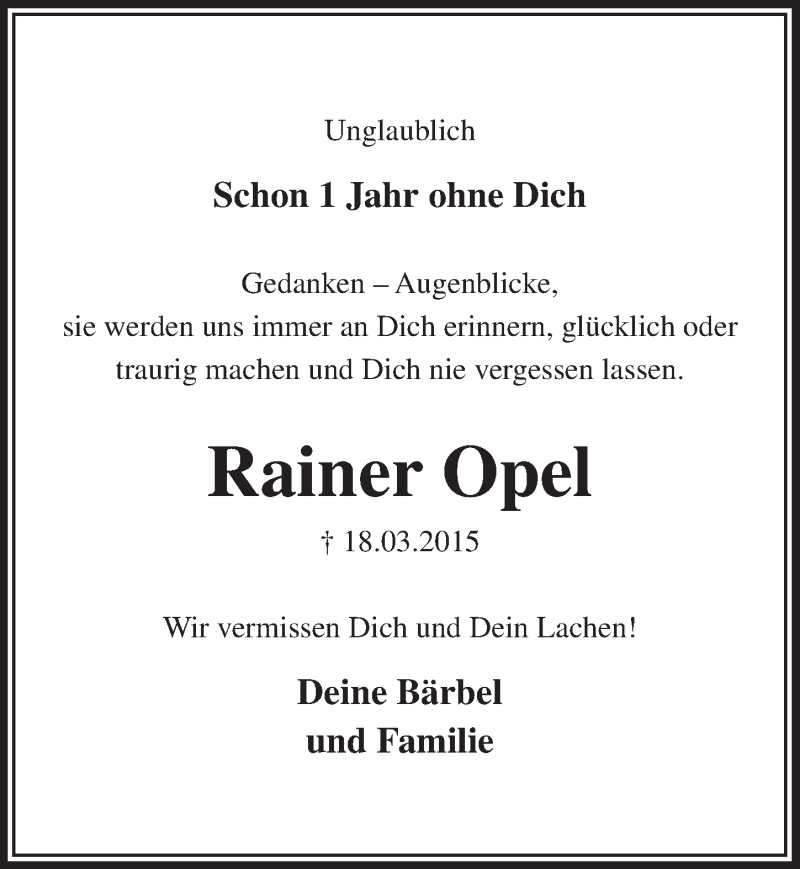  Traueranzeige für Rainer Opel vom 16.03.2016 aus  Lokalanzeiger 