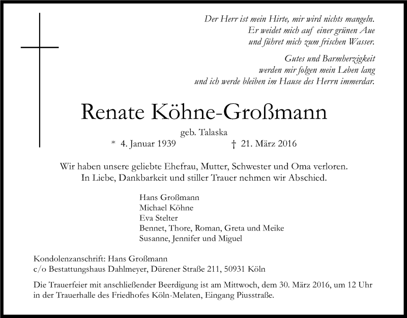  Traueranzeige für Renate Köhne-Großmann vom 26.03.2016 aus Kölner Stadt-Anzeiger / Kölnische Rundschau / Express