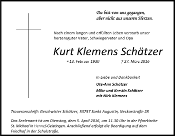 Anzeige von Kurt Klemens Schätzer von Kölner Stadt-Anzeiger / Kölnische Rundschau / Express