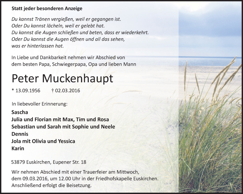  Traueranzeige für Peter Muckenhaupt vom 06.03.2016 aus  Blickpunkt Euskirchen 