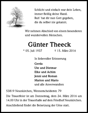 Anzeige von Günter Theeck von Kölner Stadt-Anzeiger / Kölnische Rundschau / Express