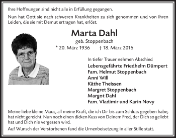 Anzeige von Marta Dahl von  Bergisches Handelsblatt 