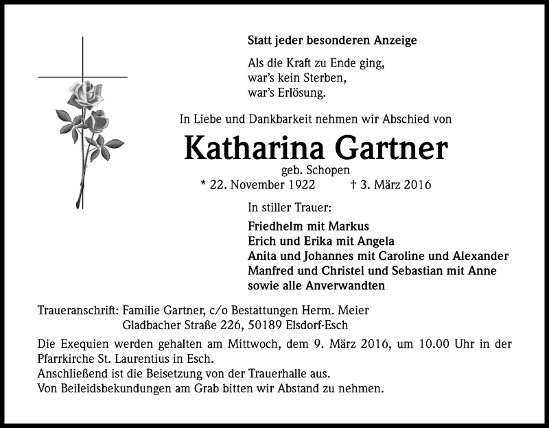 Traueranzeige für Katharina Gartner vom 07.03.2016 aus Kölner Stadt-Anzeiger / Kölnische Rundschau / Express