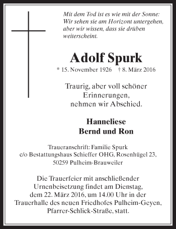 Anzeige von Adolf Spurk von  Wochenende 