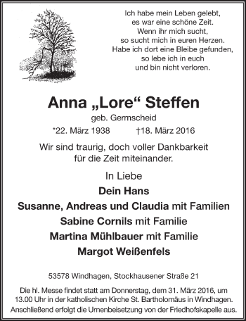 Anzeige von Anna Steffen von  Rhein-Sieg-Wochenende 