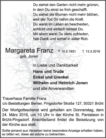 Anzeige von Margareta Franz von  Schlossbote/Werbekurier 
