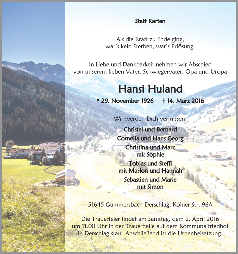  Traueranzeige für Hansi Huland vom 23.03.2016 aus  Anzeigen Echo 