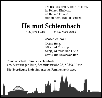 Anzeige von Helmut Schlembach von Kölner Stadt-Anzeiger / Kölnische Rundschau / Express