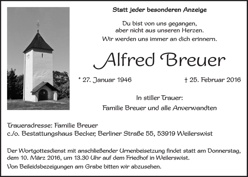  Traueranzeige für Alfred Breuer vom 06.03.2016 aus  Blickpunkt Euskirchen 