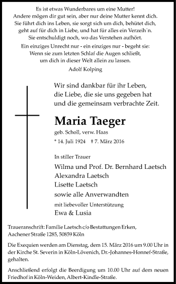 Anzeige von Maria Taeger von Kölner Stadt-Anzeiger / Kölnische Rundschau / Express