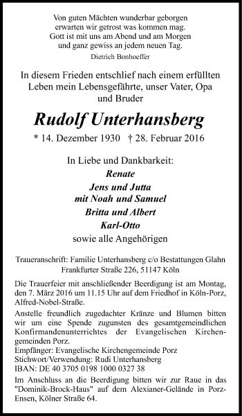 Anzeige von Rudolf Unterhansberg von Kölner Stadt-Anzeiger / Kölnische Rundschau / Express