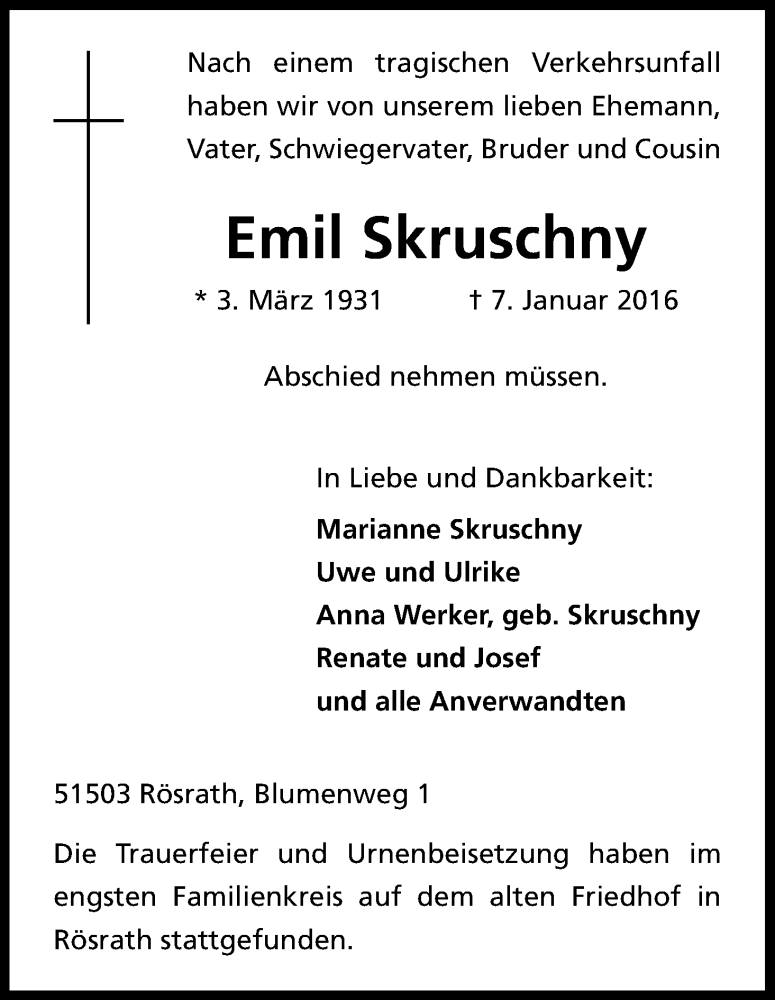  Traueranzeige für Emil Skruschny vom 05.03.2016 aus Kölner Stadt-Anzeiger / Kölnische Rundschau / Express