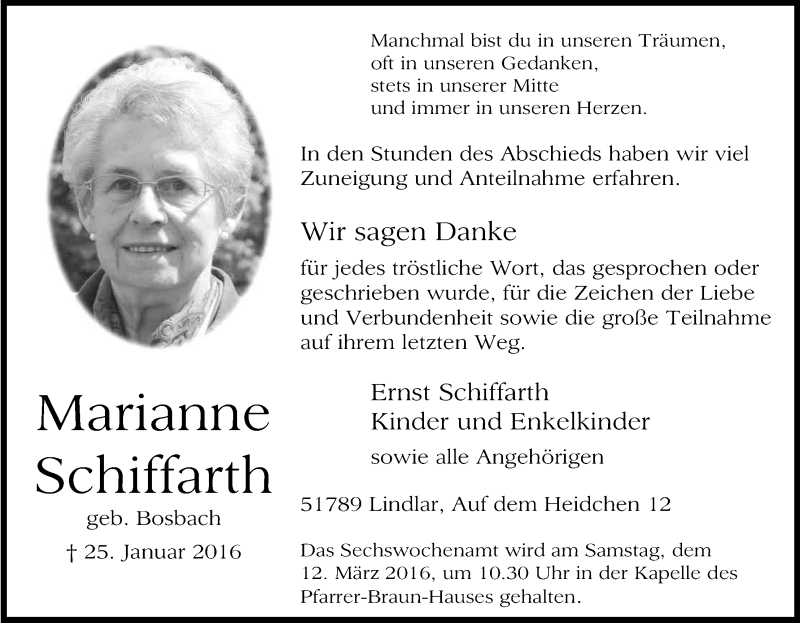  Traueranzeige für Marianne Schiffarth vom 05.03.2016 aus Kölner Stadt-Anzeiger / Kölnische Rundschau / Express