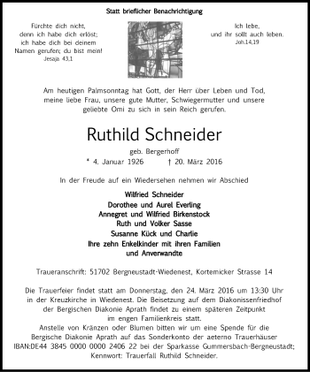 Anzeige von Ruthild Schneider von Kölner Stadt-Anzeiger / Kölnische Rundschau / Express